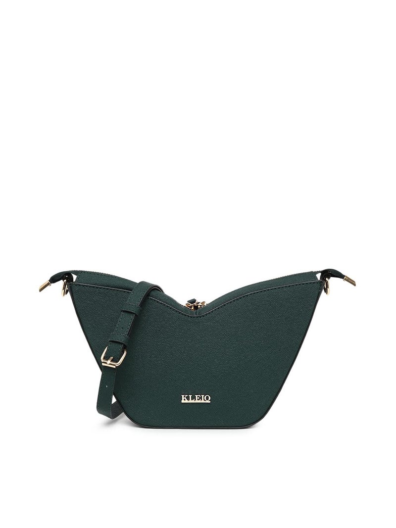 KLEIO Structured V-Shaped Double Zipper Shoulder Handbag for Women/Girls - Dark Green - Image 1